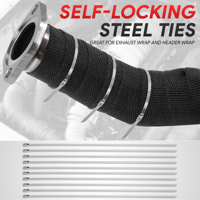 Black Exhaust Header Heat Wrap W/10 X Steel Ties <br> 2 in. W X 1/16 in. THK X 600 in. L