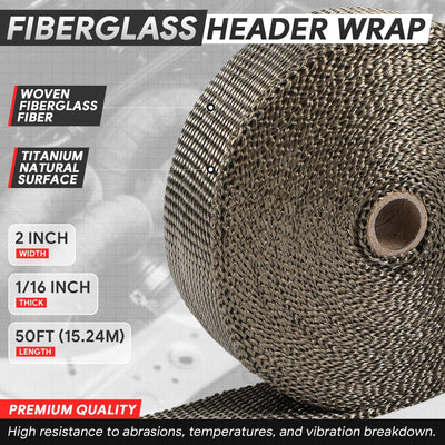 Titanium Exhaust Header Heat Wrap W/10 X Steel Ties <br> 2 in. W X 1/16 in. THK X 600 in. L