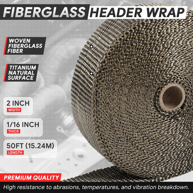 Titanium Exhaust Header Heat Wrap W/10 X Steel Ties <br> 2 in. W X 1/16 in. THK X 600 in. L
