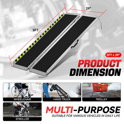 Portable Folding Aluminum Alloy Wheelchair Ramp <br> Dimension: 29 in W X 5 ft L X 2 in H Extended