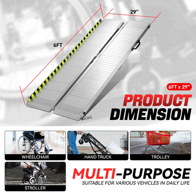 Portable Folding Aluminum Alloy Wheelchair Ramp <br> Dimension: 29 in W X 6 ft L X 2 in H Extended