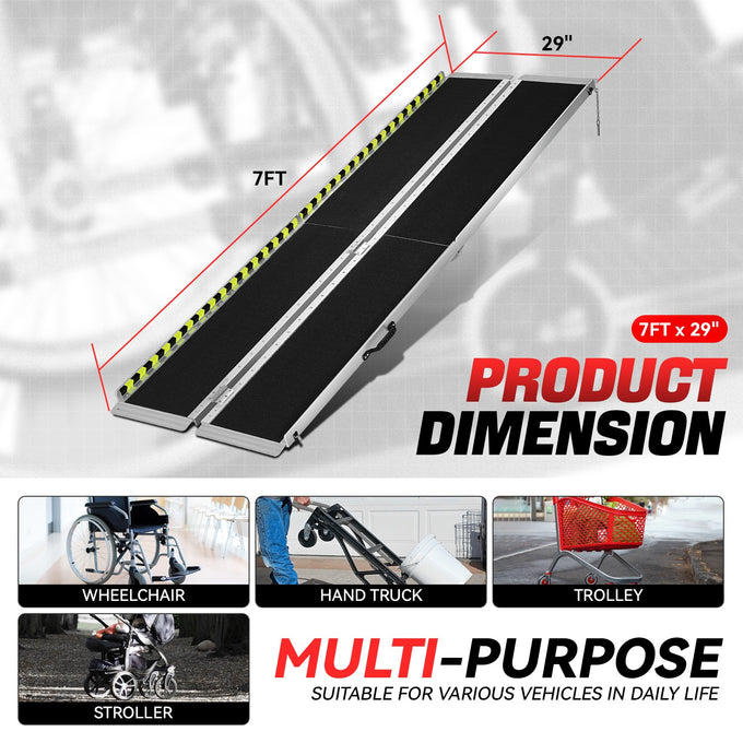 Portable Folding Aluminum Alloy Wheelchair Ramp <br> Dimension: 29 in W X 7 ft L X 2 in H Extended