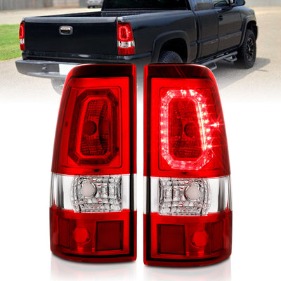 Chrome Housing Red/Plank Style LED Taillights <br> 99-02 Chevy Silverado GMC Sierra 1500 2500 3500