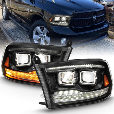 Black Amber LED Projector Plank Style Headlights <br> 09-18 Dodge Ram 1500 2500 3500