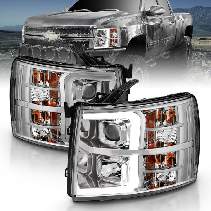 Chrome Amber Projector Headlights Plank Style <br> 07-13 Chevy Silverado 1500 2500 3500