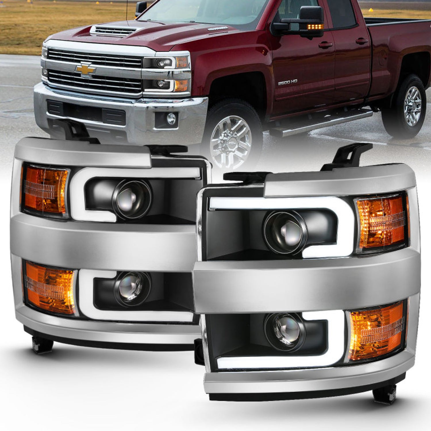 Black Amber Projector Headlights Plank Style<br> 15-16 Chevy Silverado 2500, 3500 HD
