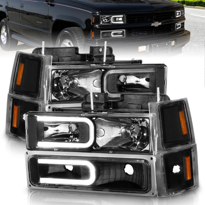 8Pcs Black Crystal LED C-Bar Headlights <br> 88-98 Chevy Suburban C/K 1500 2500