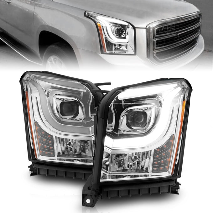 Chrome/Amber LED C-Bar Projector Headlights <br> 15-17 GMC Yukon XL