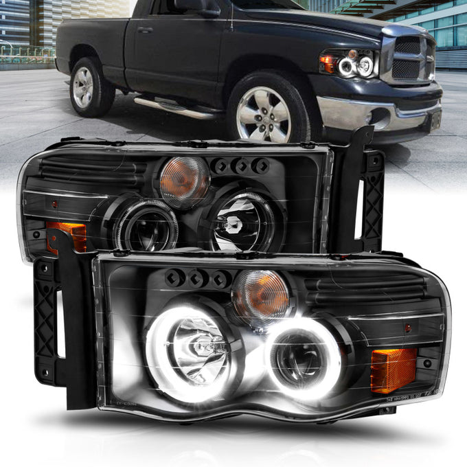 Black LED Halo Projector Headlights <br> 02-05 Dodge Ram 1500 2500 3500