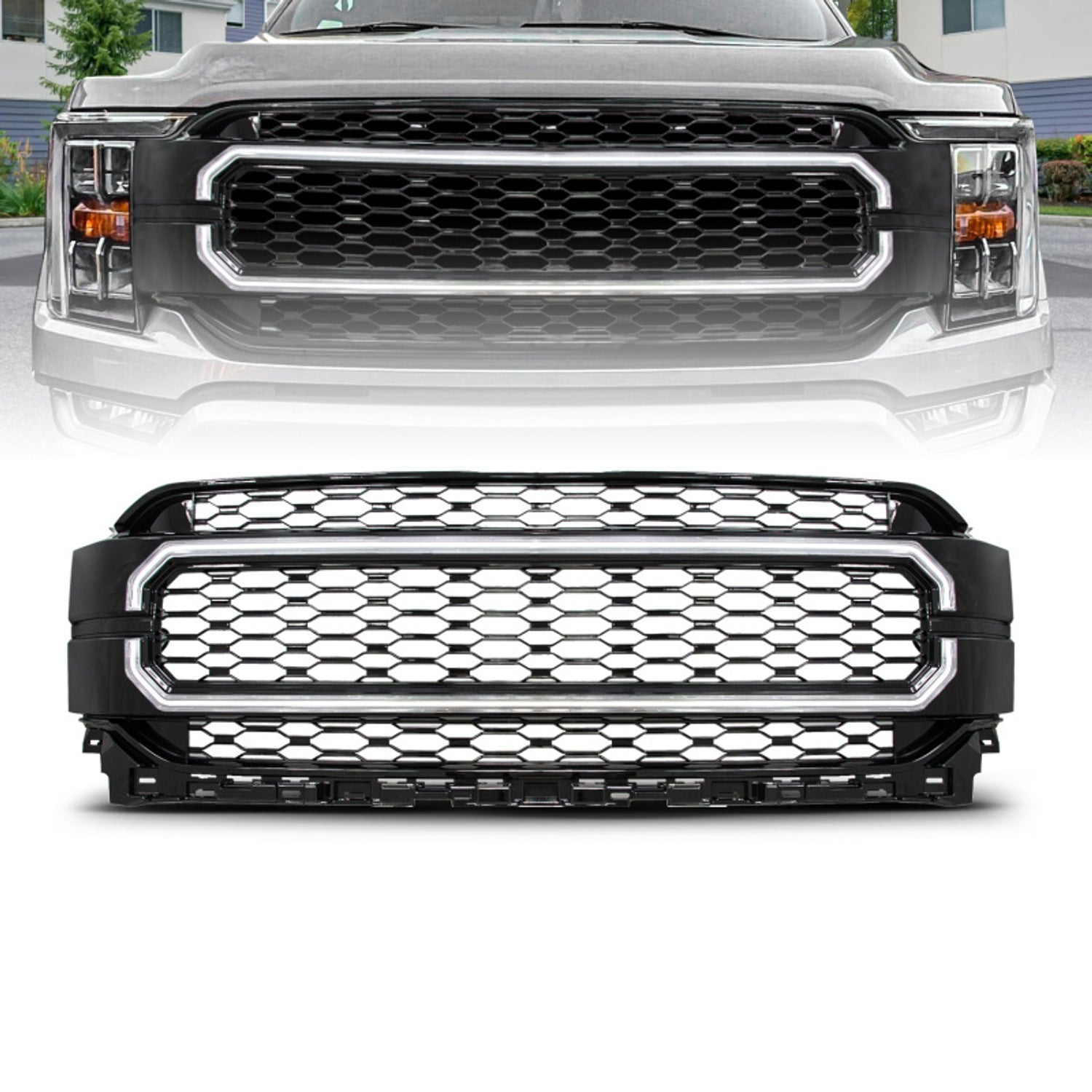 Black Housing Full LED Light Tube Front Grille<br> 21-23 Ford F150