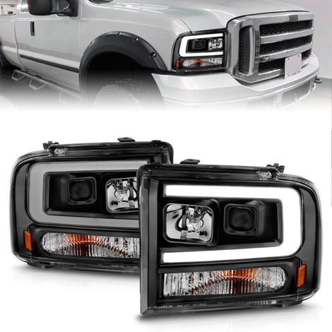 Black Plank Style LED Bar Projector Headlights<br> 99-04 Ford F250/F350/F450/Excursion