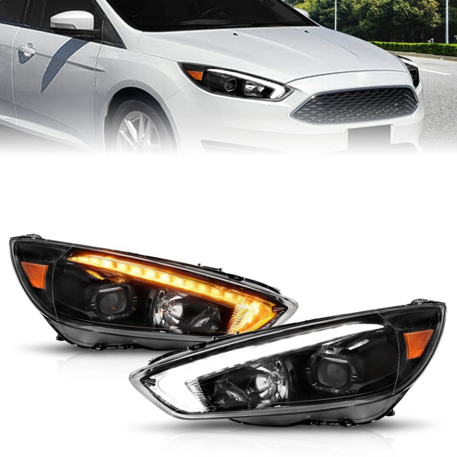 Black Housing Switchback Projector Headlights <br> 15-18 Ford Focus