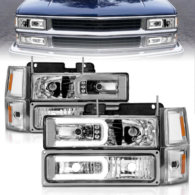 8Pcs Black Crystal LED C-Bar Headlights <br> 88-98 Chevy Suburban C/K 1500 2500