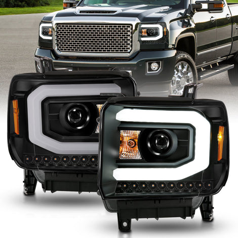 Black LED Projector Headlights w/Light Bar <br>14-15 GMC Sierra 1500 2500 3500 HD