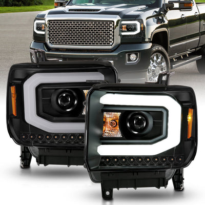 Black LED Projector Headlights w/Light Bar <br>14-15 GMC Sierra 1500 2500 3500 HD