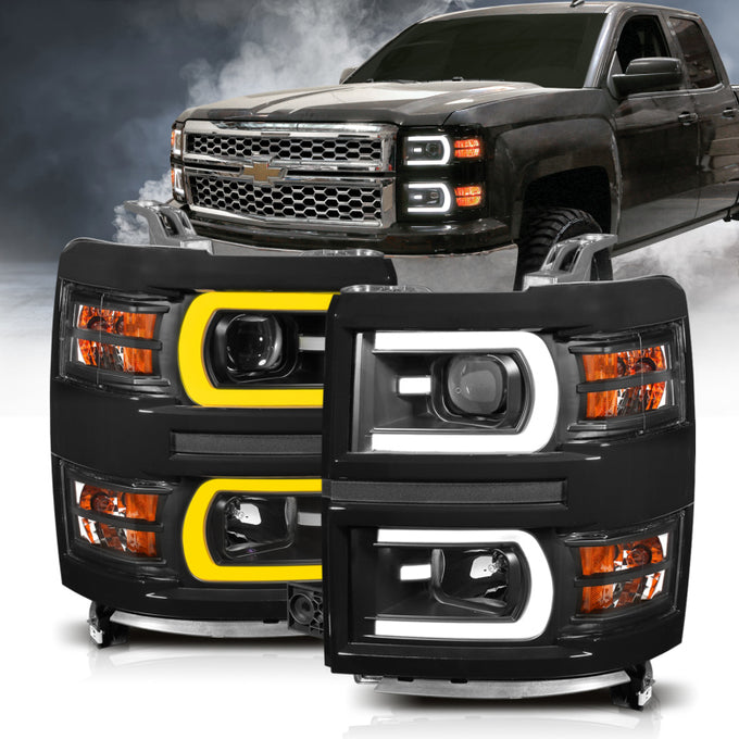 Black Plank Style LED Switchback Projector Headlight<br> 14-15 Chevy Silverado 1500