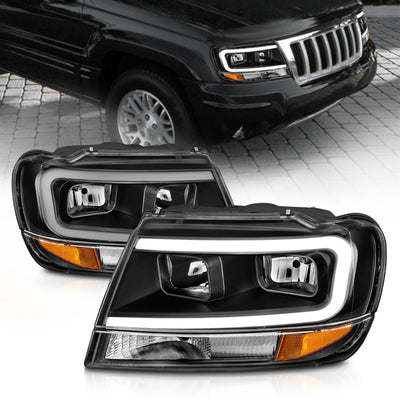 Black Housing LED DRL Crystal Headlights <br> 99-04 Jeep Grand Cherokee