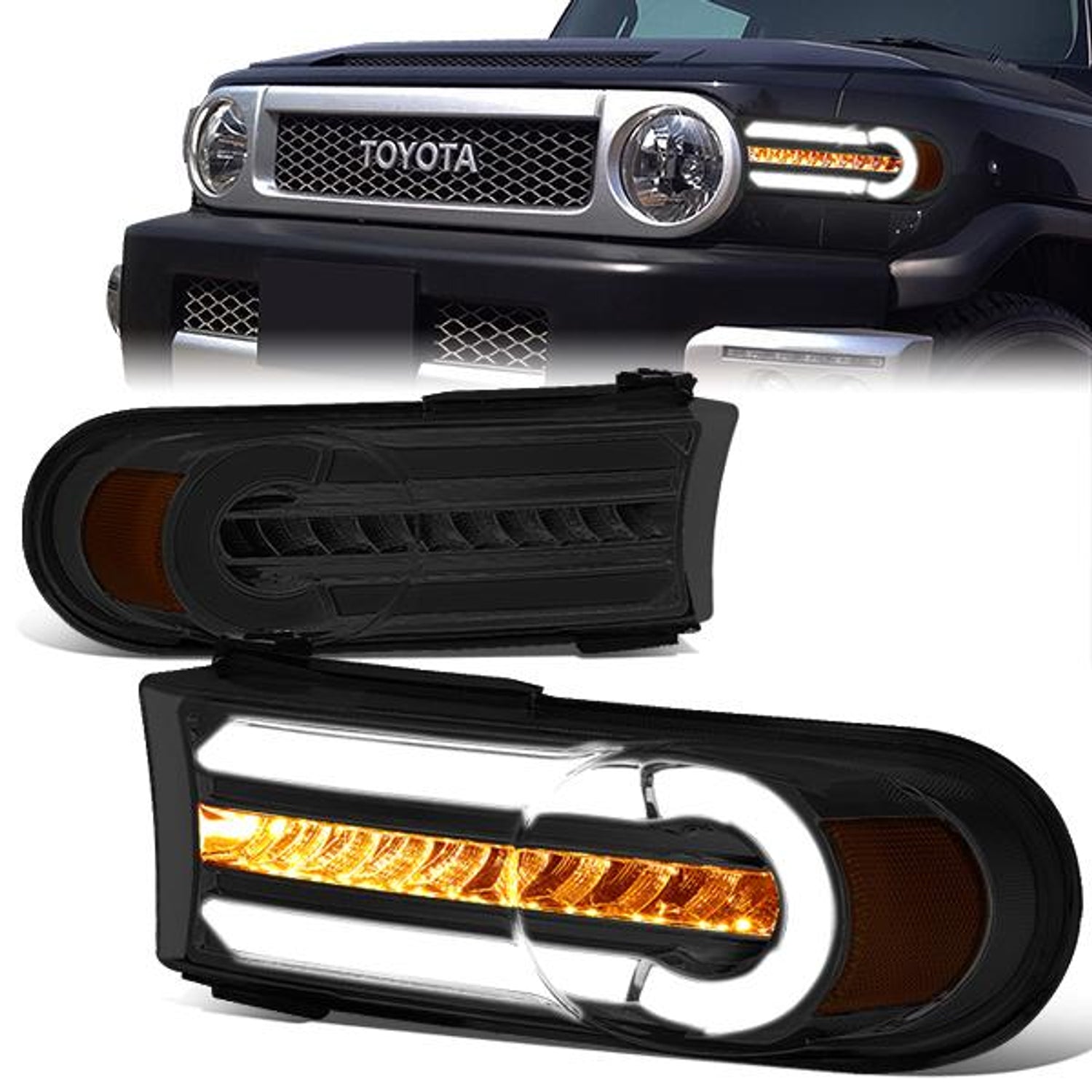 07-14 Toyota FJ Cruiser Bumper Lights - 3D LED DRL+Sequential Turn Signal - Smoked Lens - Amber Corner - Pair - BL-LB-FJC07-SM-AM - 1