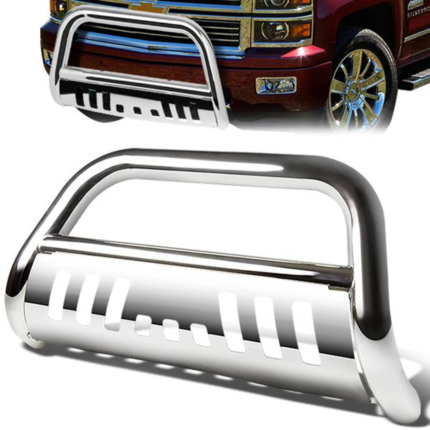 99-07 Chevy Silverado GMC Sierra 1500 Bull Bar w/Skid Plate - Stainless Steel