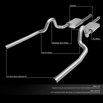 D-Motoring - 96-97 Ford Mustang 4.6L V8 Cat Back Exhaust System - 2.5 - Dual - Stainless Steel - 2