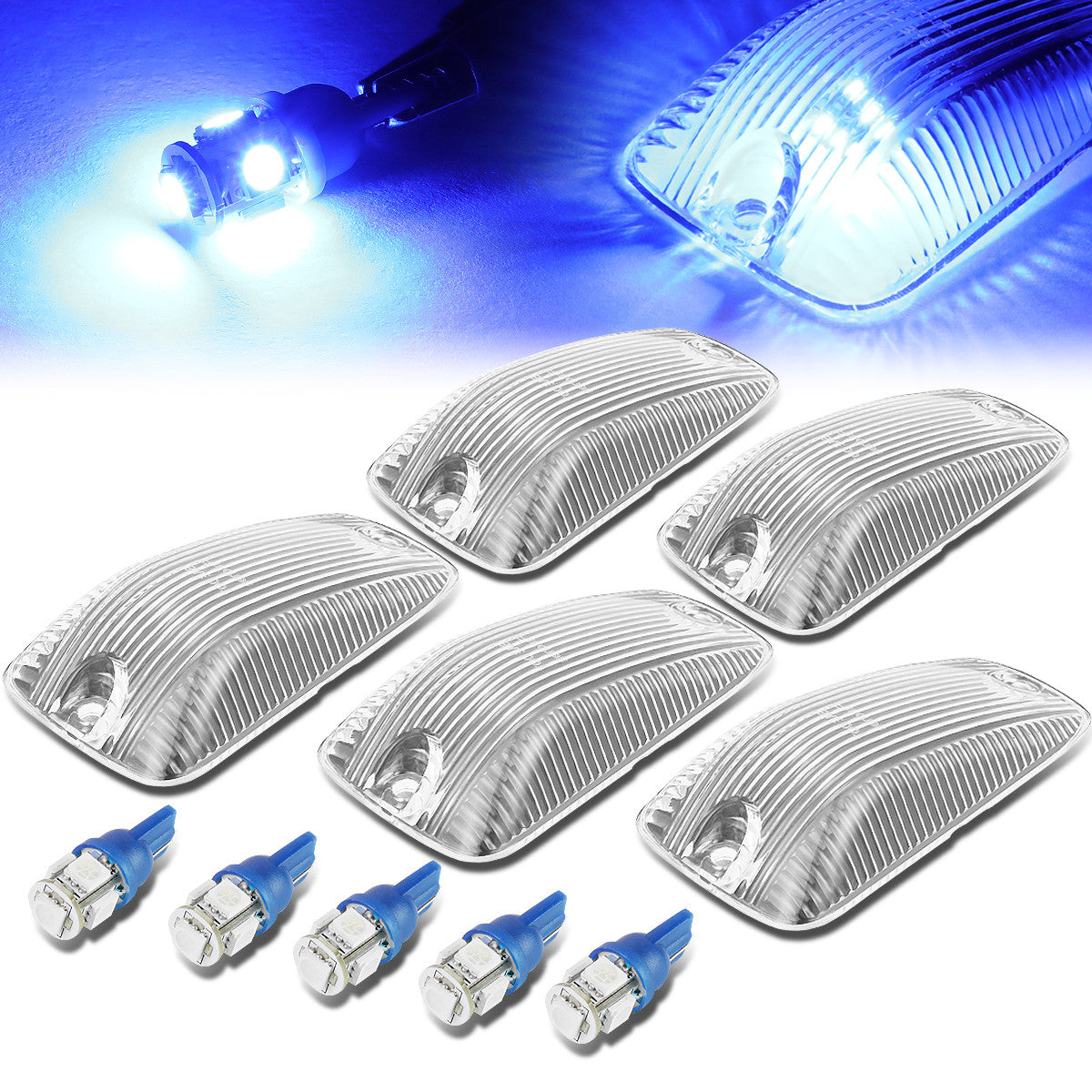D-Motoring - Cab Roof Lights - Blue LED - Chrome Housing - Plug-n-Play - 5PCS - Chevy C/K 1500 / 2500 / 3500 / GMC C/K 1500 /  2500 / 3500 - 1