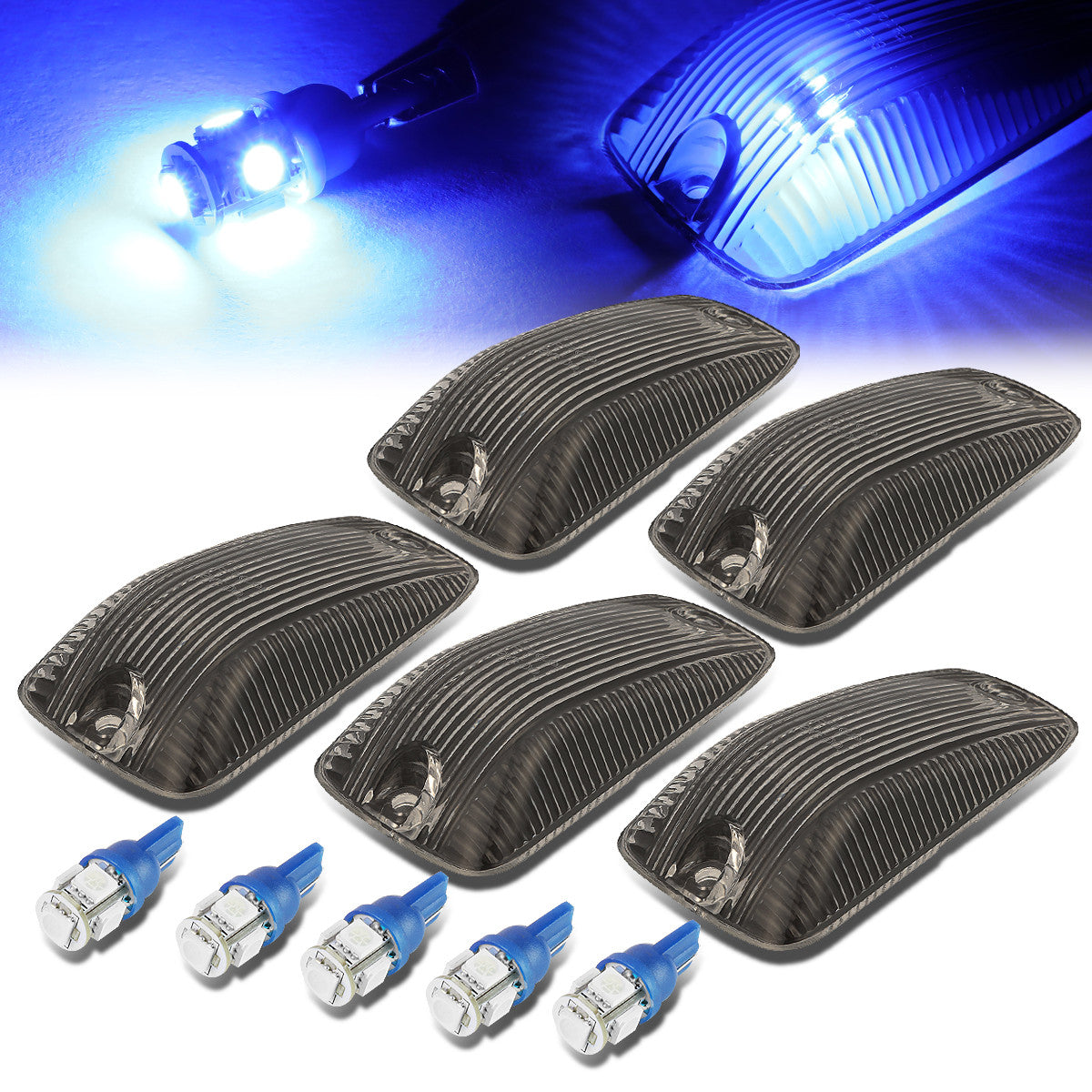 D-Motoring - Cab Roof Lights - Blue LED - Smoked Lens - Plug-n-Play - 5PCS - Chevy C/K 1500 / 2500 / 3500 / GMC C/K 1500 /  2500 / 3500 - 1