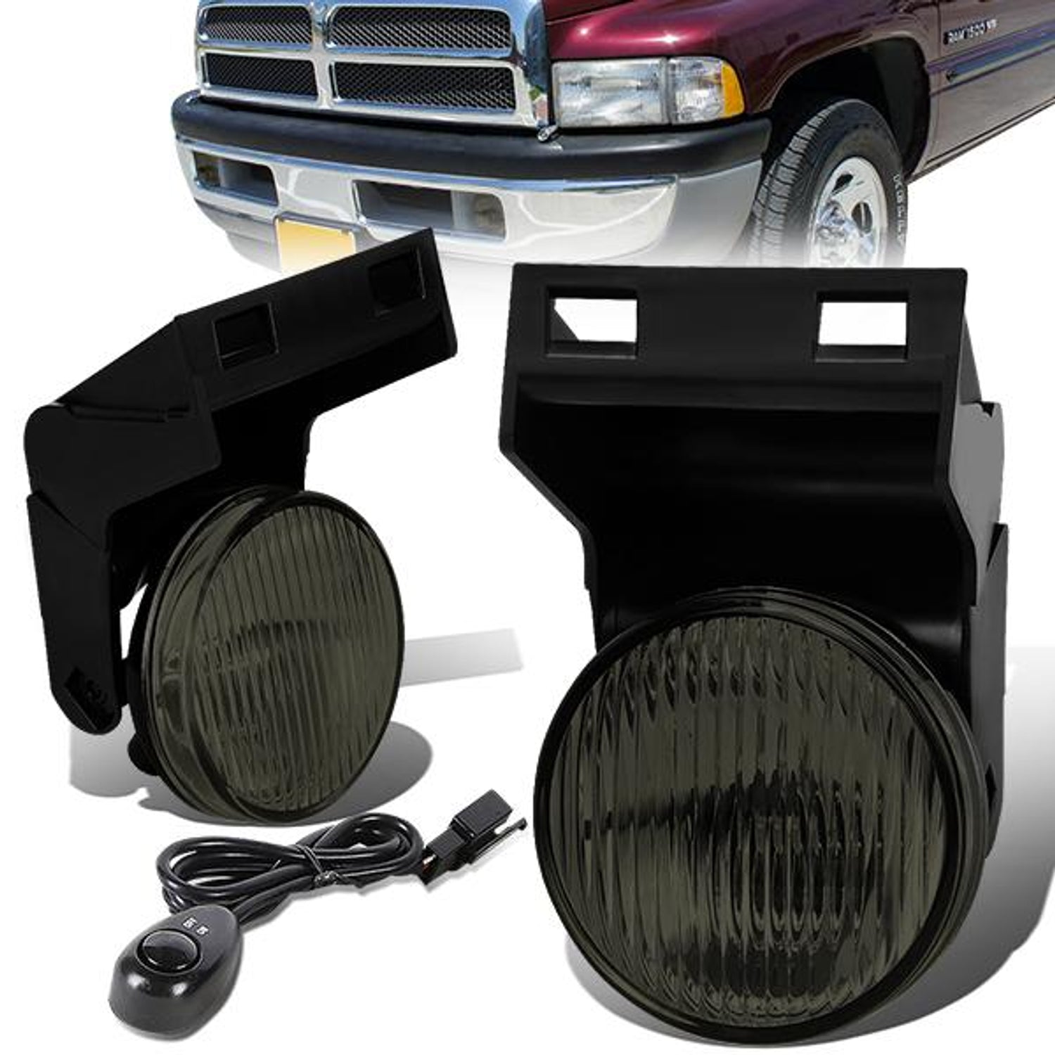 Smoked Lens Fog Lights w/ Switch + Wiring Harness <br>94-02 Dodge Ram 1500 - 3500