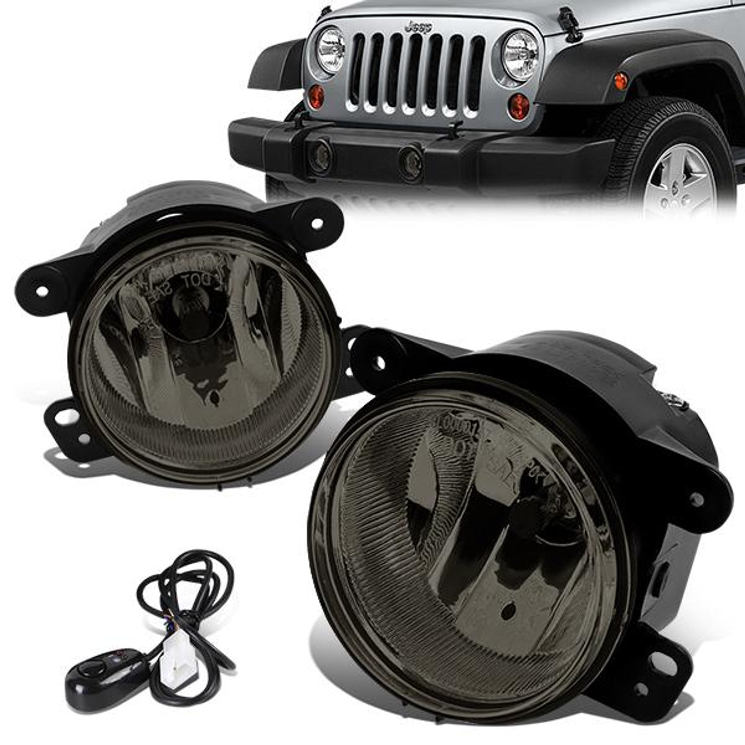 Smoked Lens Fog Lights w/ Switch + Wiring Harness <br>05-10 Chrysler 300, 07-17 Jeep Wrangler