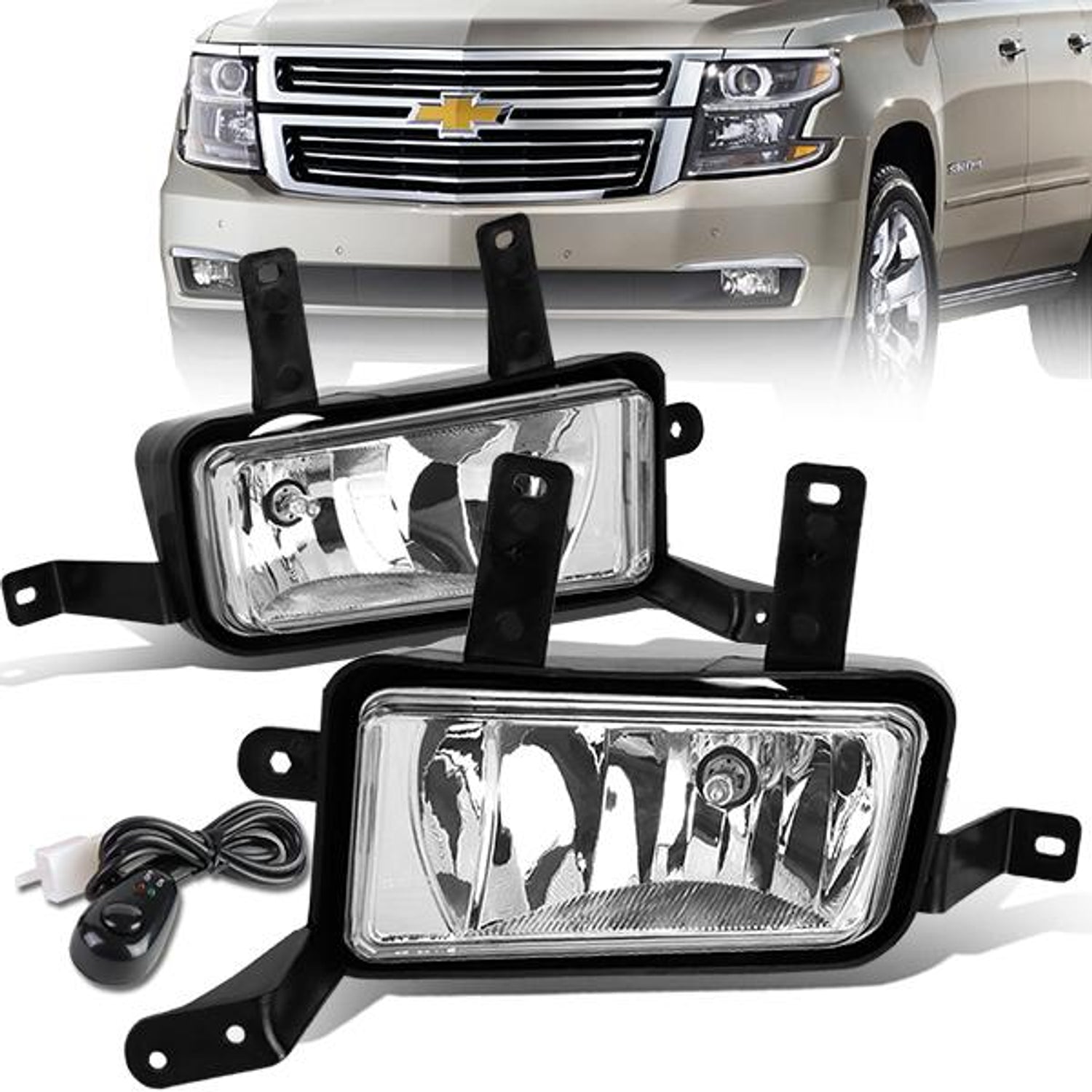 Clear Lens Fog Lights w/ Switch + Wiring Harnesses <br>15-20 Chevy Tahoe Suburban GMC Yukon XL