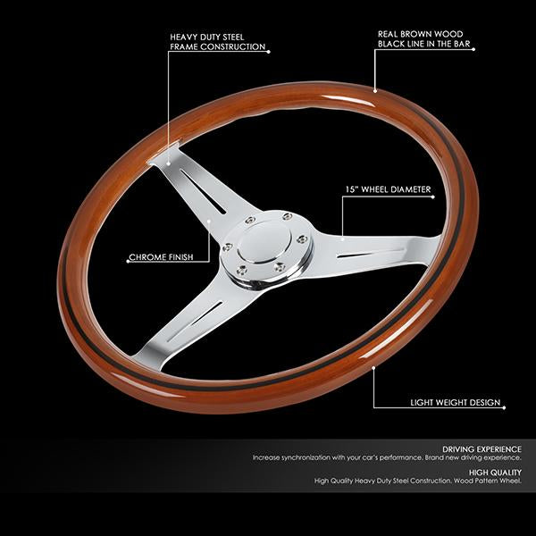 Stainless Steel Spokes Wood Grain Steering Wheel<br>Fits w/ any Standard 70mm 6-Bolt Racing Hub Adaptors