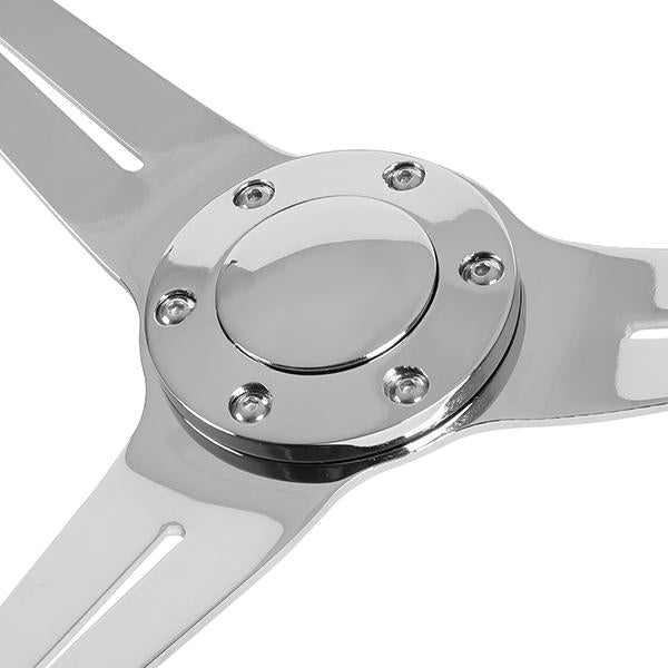 Stainless Steel Spokes Wood Grain Steering Wheel<br>Fits w/ any Standard 70mm 6-Bolt Racing Hub Adaptors