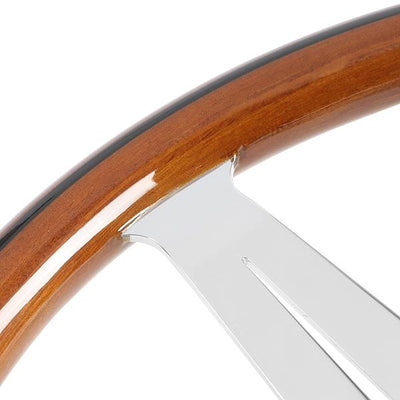 Stainless Steel Spokes Wood Grain Steering Wheel<br>Fits w/ any Standard 70mm 6-Bolt Racing Hub Adaptors