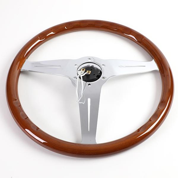 Stainless Steel Spokes Wood Grain Steering Wheel<br>Fits w/ any Standard 70mm 6-Bolt Racing Hub Adaptors