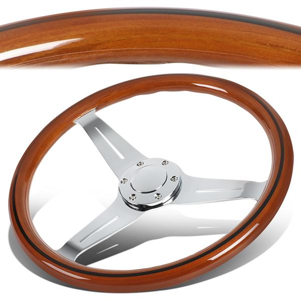Stainless Steel Spokes Wood Grain Steering Wheel<br>Fits w/ any Standard 70mm 6-Bolt Racing Hub Adaptors