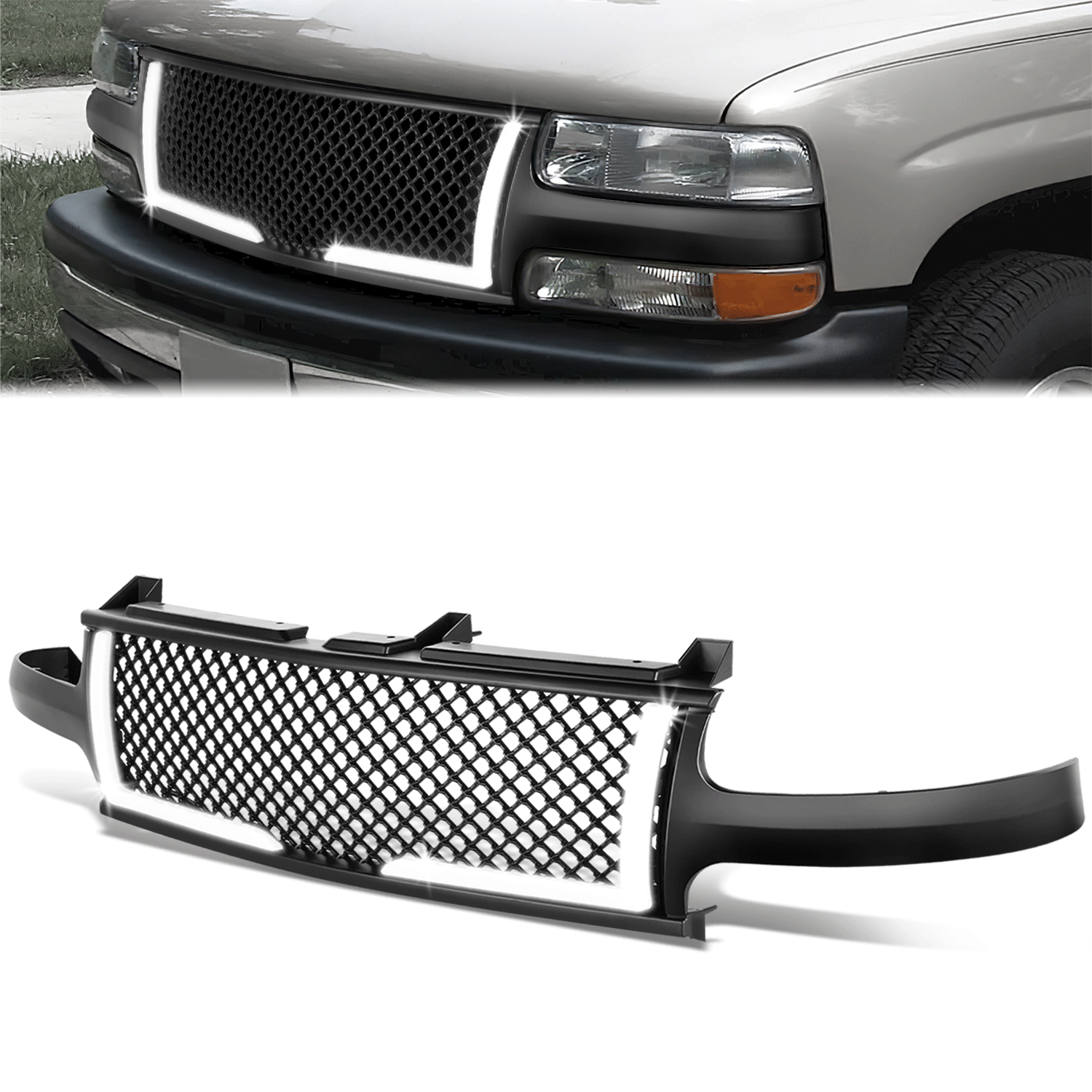 Diamond Mesh LED DRL Front Grille <br>99-02 Chevy Silverado 1500 2500 LD