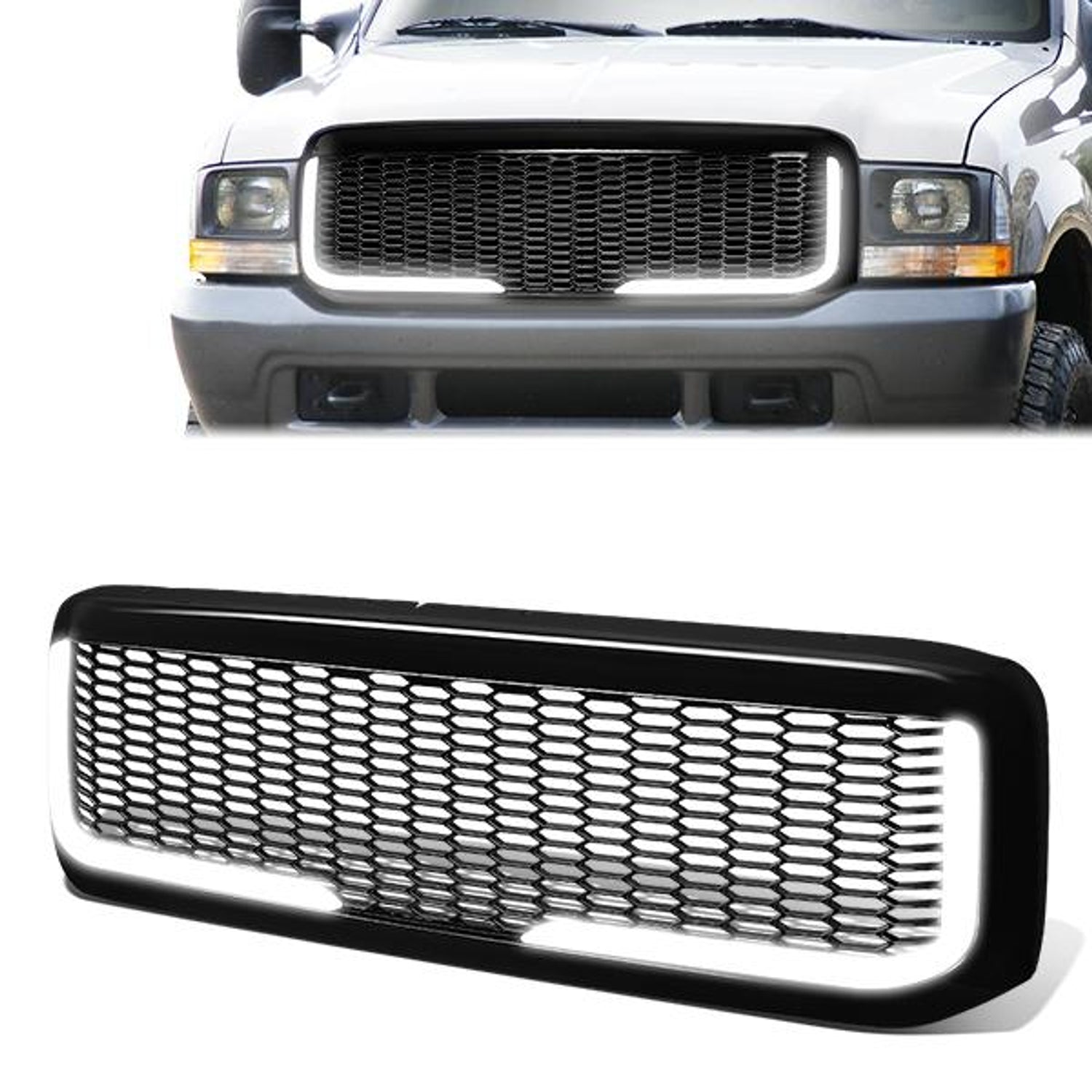 Honeycomb Mesh LED Bar Front Grille <br>99-04 Ford F250 F350 F450 F550 Super Duty