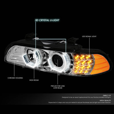 D-Motoring - Headlights - LED U-Halo - Clear Housing - Projector - Plug-n-Play - Pair - BMW 528i / 530i / 540i / BMW M5 - 2