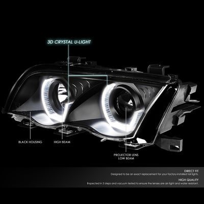 D-Motoring - Headlights - LED U-Halo - Black Housing - Projector - Plug-n-Play - Pair - 99-01 BMW 3-Series Sedans / Wagons - 2