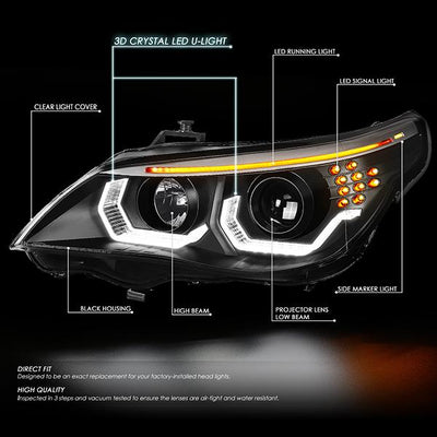 04-07 BMW 5-Series E60 Headlights - LED U-Halo+Turn Signal - w/Projector - Clear Lens - Pair - HL-3D-E6003-BK - 2
