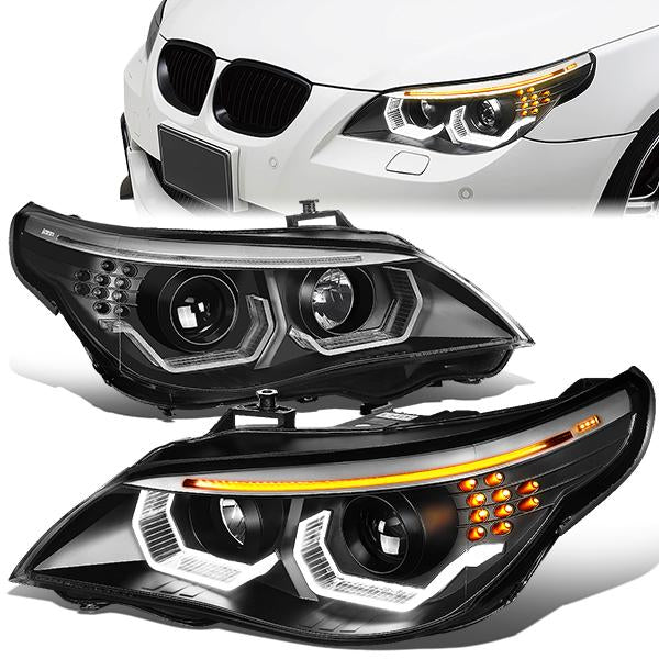 04-07 BMW 5-Series E60 Headlights - LED U-Halo+Turn Signal - w/Projector - Clear Lens - Pair - HL-3D-E6003-BK - 1