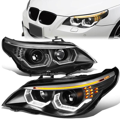 04-07 BMW 5-Series E60 Headlights - LED U-Halo+Turn Signal - w/Projector - Clear Lens - Pair - HL-3D-E6003-BK - 1