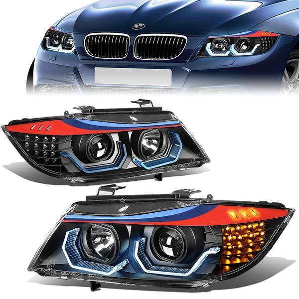 06-08 BMW E90 Headlights - M-Style 3D Crystal LED U-Halo - Clear Lens - Projector - Plug-n-Play - Pair
