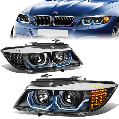 06-08 BMW 323I 325XI 325I 328I 328XI 330I Headlights - LED 3D Crystal U-Halo - Black Housing - Clear Lens - Pair