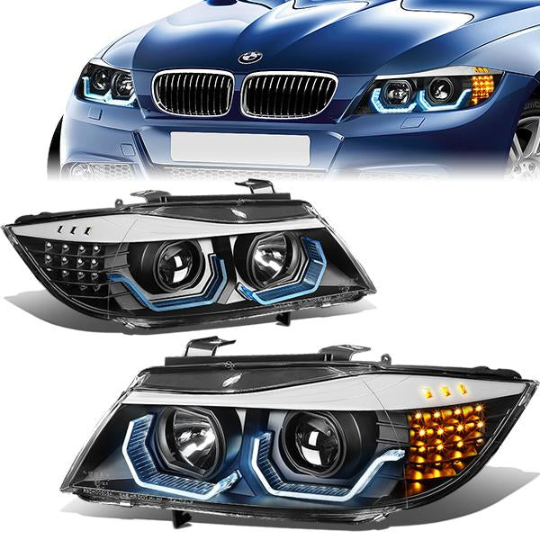 06-08 BMW 323I 325XI 325I 328I 328XI 330I Headlights - LED 3D Crystal U-Halo - Black Housing - Clear Lens - Pair