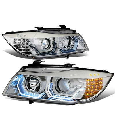 D-Motoring - Headlights - 3D Crystal LED U-Halo - Black Housing - Clear Corner - Projector - Plug-n-Play - Pair - 06-08 BMW E90 - 1