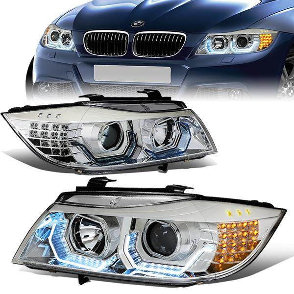 06-08 BMW E90 Headlights - 3D Crystal LED U-Halo - Black Housing - Clear Corner - Projector - Plug-n-Play - Pair