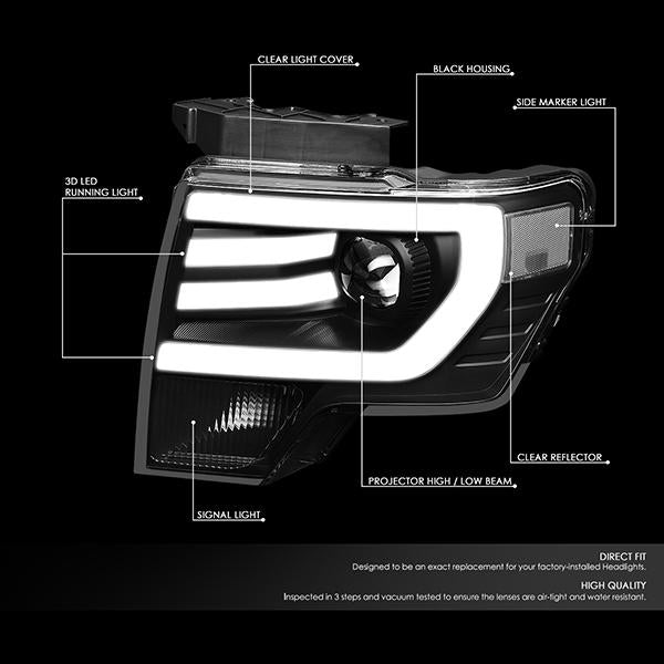 09-14 Ford F-150 Headlights - LED DRL - Front Bumper - Clear Lens - Clear Corner - Projector - Pair - HL-3D-F15009-BK-CL1 - 2