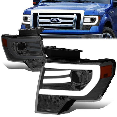 09-14 Ford F-150 Headlights - LED DRL - Front Bumper - Smoked Lens - Amber Corner - Projector - Pair - HL-3D-F15009-SM-AM - 1