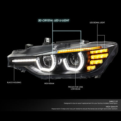 D-Motoring - Headlights - LED 3D Crystal U-Halo+DRL - Black Housing - Plug-n-Play - Pair - 12-16 BMW F30 3-Series 4-Dr Sedan & Wagon - 2