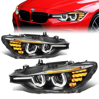 12-16 BMW F30 3-Series Wagon Headlights - LED 3D Crystal U-Halo+DRL - Black Housing - Plug-n-Play - Pair